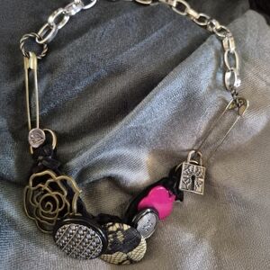 Unique Mixed Media Necklace with Pink and Gold Accents